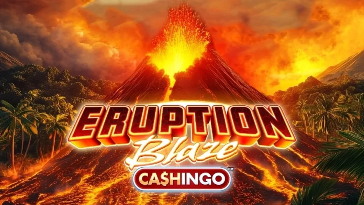 Tampilan visual slot Eruption Blaze Cashingo dengan latar belakang gunung berapi.
