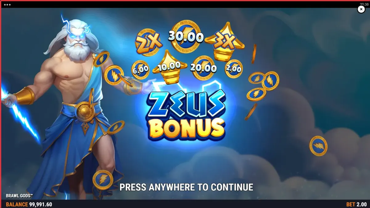 Tampilan layar permainan slot Brawl Gods dengan desain split-screen Zeus dan Hades